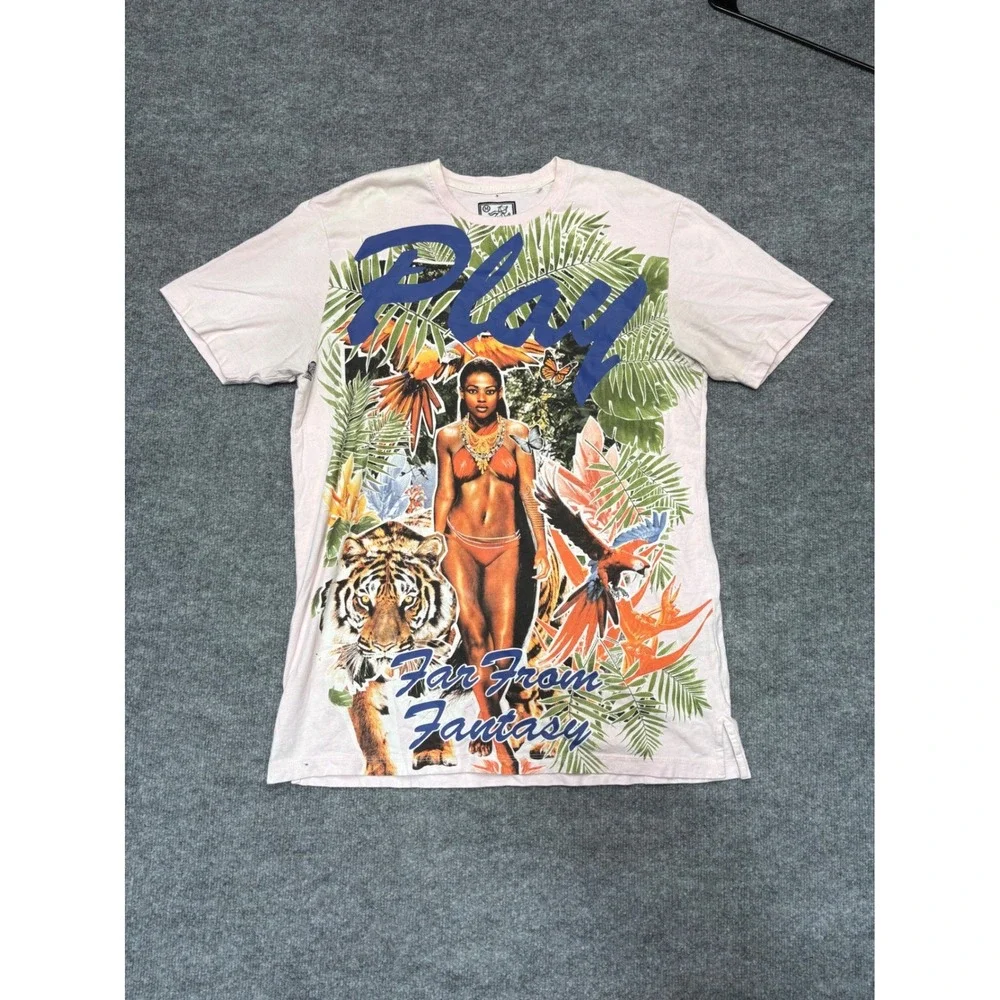 Play Cloths Mens Far From Fantasy Graphic T-Shirt Pink Tropical Tiger Size M